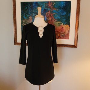 Boston Proper Black Keyhole Tunic 3/4 Sleeve Metallic 3 Ring Neck Detail. S/M
